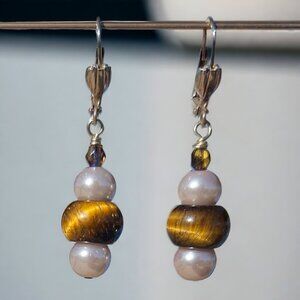 Stunning Tigereye Large Hole Bead with Pearl Accent Earrings